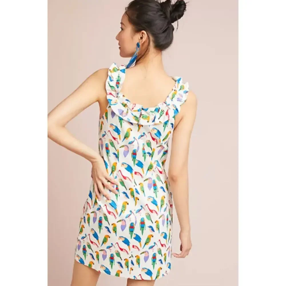 Larke Anthropologie sleeveless shift dress colorful parrots birds ruffle neck XS - Picture 2 of 9